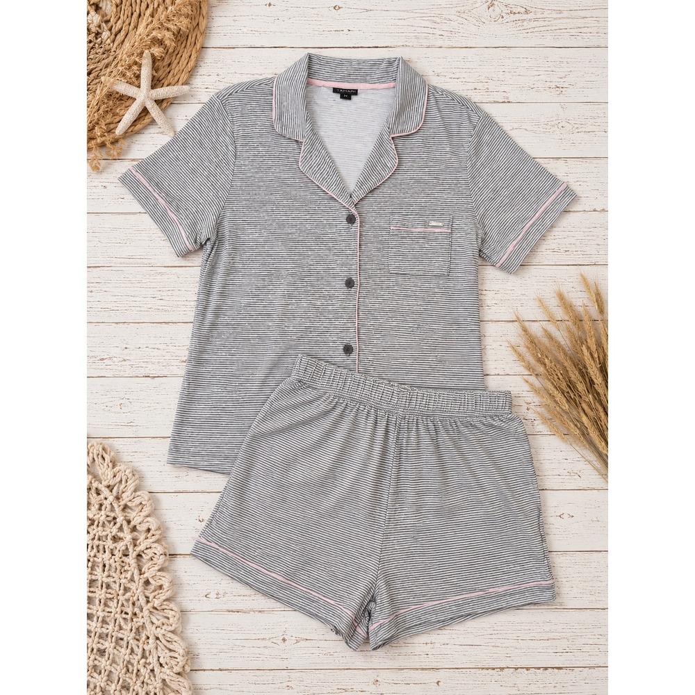 Tahari NWT‎ Notch Collar Short Pajama Set Gray Pink Stripe Large